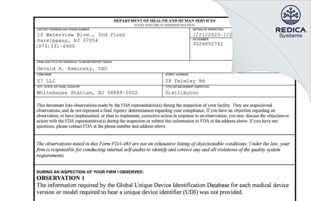 FDA 483 - Z7 LLC [Whitehouse Station / United States of America] - Download PDF - Redica Systems