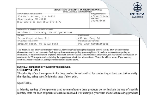 FDA 483 - Betco Corporation, Ltd [Bowling Green / United States of America] - Download PDF - Redica Systems