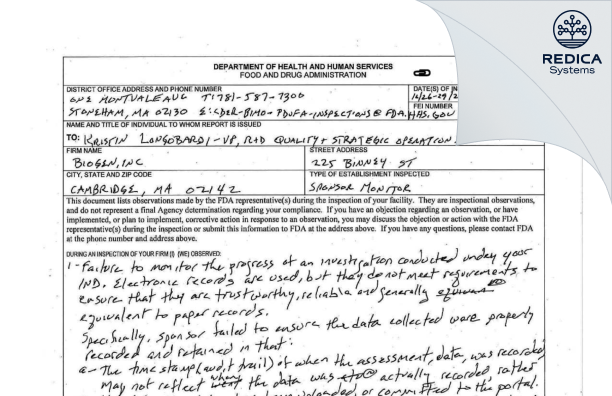 FDA 483 - BIOGEN, INC [Cambridge / United States of America] - Download PDF - Redica Systems
