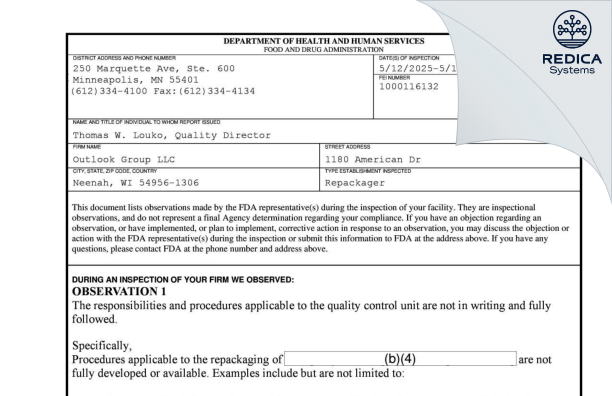 FDA 483 - Outlook Group LLC [Neenah / United States of America] - Download PDF - Redica Systems