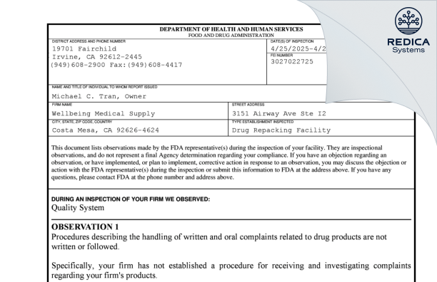 FDA 483 - Wellbeing Medical Supply [Costa Mesa / United States of America] - Download PDF - Redica Systems