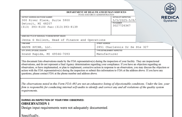 FDA 483 - HAPPE SPINE [Grand Rapids / United States of America] - Download PDF - Redica Systems