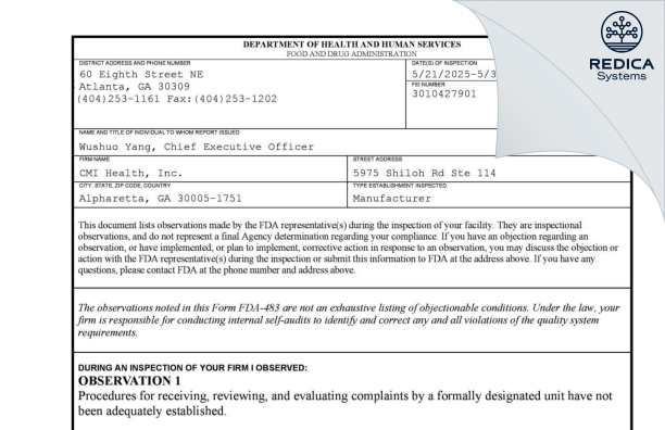 FDA 483 - CMI Health, Inc. [Alpharetta / United States of America] - Download PDF - Redica Systems