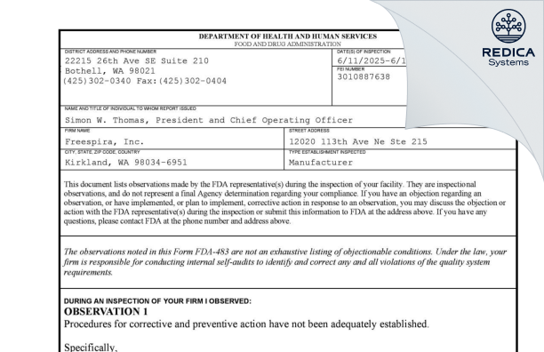 FDA 483 - Freespira, Inc. [Kirkland / United States of America] - Download PDF - Redica Systems