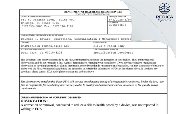 FDA 483 - CHAMBERLAIN TECHNOLOGIES, LLC [Deer Park / United States of America] - Download PDF - Redica Systems