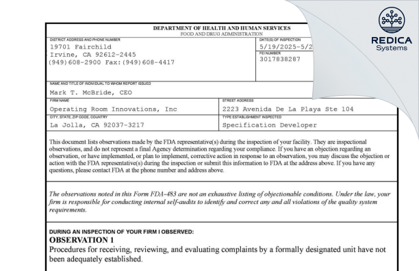 FDA 483 - Operating Room Innovations, Inc [La Jolla / United States of America] - Download PDF - Redica Systems