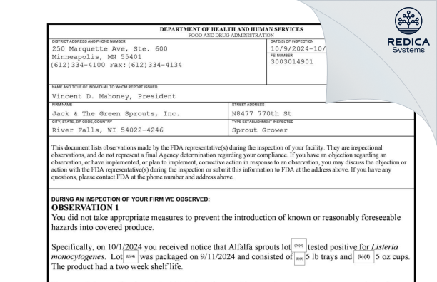 FDA 483 - Jack & The Green Sprouts, Inc. [River Falls / United States of America] - Download PDF - Redica Systems