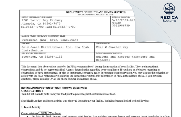 FDA 483 - Gold Coast Distributors, Inc. [Stockton / United States of America] - Download PDF - Redica Systems