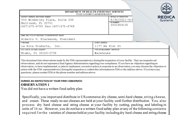 FDA 483 - La Nica Products, Inc. [Miami / United States of America] - Download PDF - Redica Systems