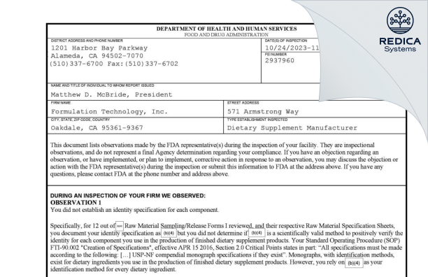 FDA 483 - Formulation Technology Incorporated [Oakdale / United States of America] - Download PDF - Redica Systems