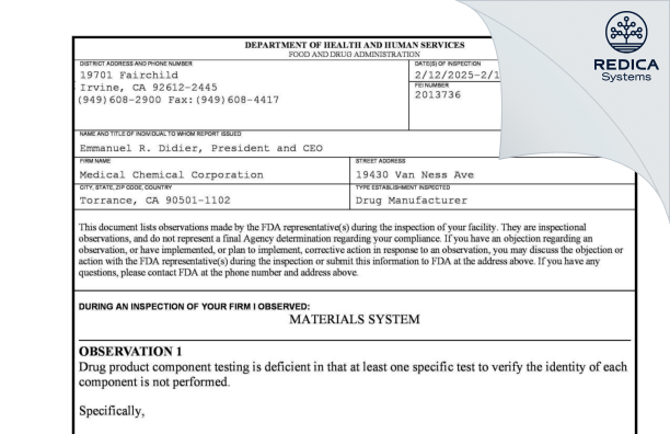 FDA 483 - Medical Chemical Corporation [Torrance / United States of America] - Download PDF - Redica Systems
