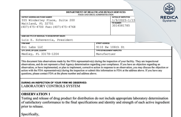 FDA 483 - Evi Labs [Medley / United States of America] - Download PDF - Redica Systems