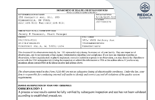 FDA 483 - MACLEAN-FOGG [Menomonee Falls / United States of America] - Download PDF - Redica Systems