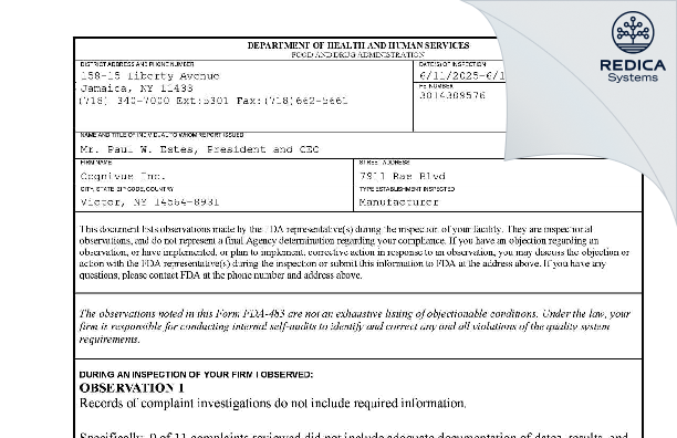 FDA 483 - Cognivue Inc. [Victor / United States of America] - Download PDF - Redica Systems