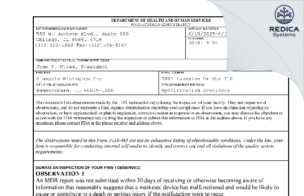 FDA 483 - Pinnacle Biologics Inc [Bannockburn / United States of America] - Download PDF - Redica Systems