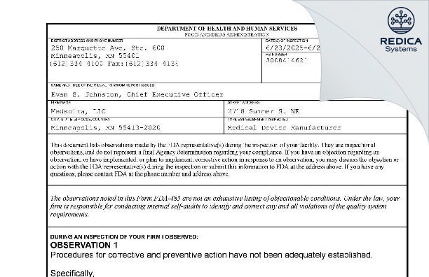 FDA 483 - Medspira, Llc [Minneapolis / United States of America] - Download PDF - Redica Systems