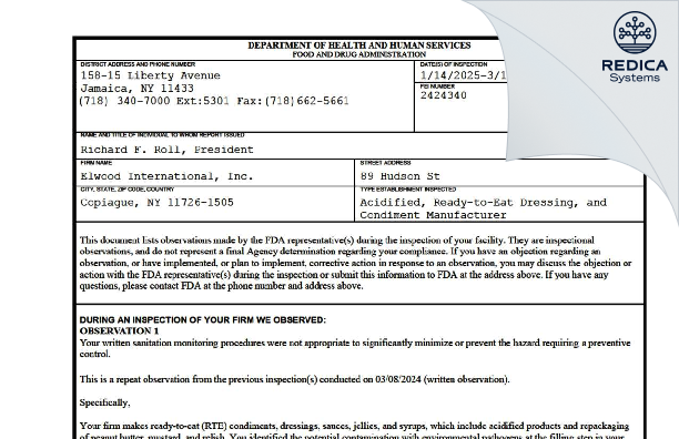 FDA 483 - Elwood International, Inc. [Copiague / United States of America] - Download PDF - Redica Systems