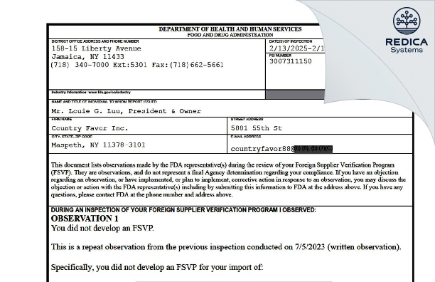 FDA 483 - Country Favor Inc. [Maspeth / United States of America] - Download PDF - Redica Systems