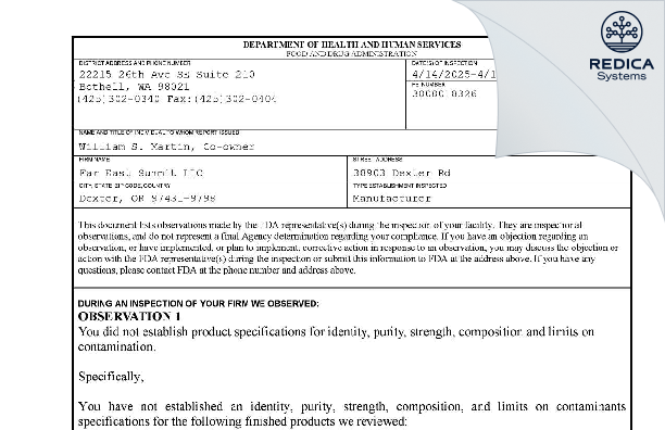 FDA 483 - Far East Summit LLC [Dexter / United States of America] - Download PDF - Redica Systems