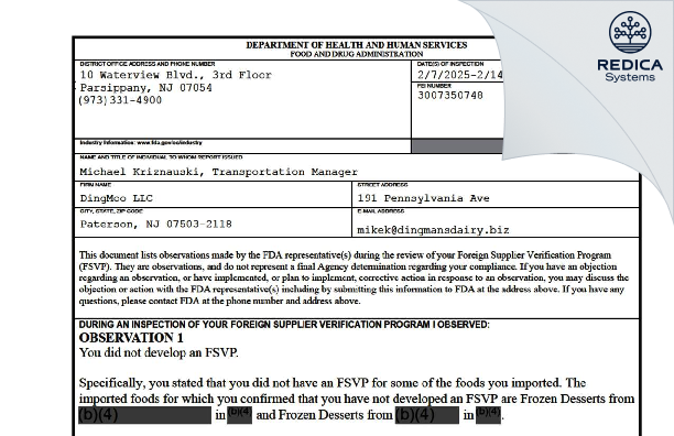 FDA 483 - Ding Moo, LLC [Paterson / United States of America] - Download PDF - Redica Systems