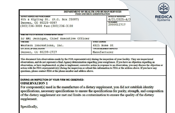 FDA 483 - Western Innovations Inc [Denver / United States of America] - Download PDF - Redica Systems