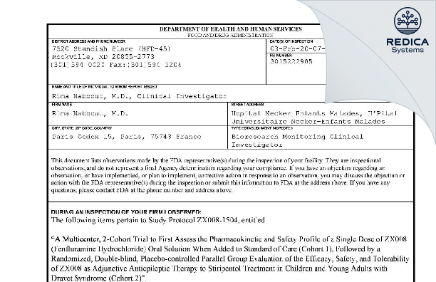 FDA 483 - Rima Nabbout, M.D. [Paris / France] - Download PDF - Redica Systems