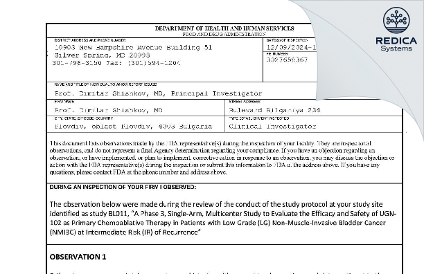 FDA 483 - Dimitar Shishkov, MD [Plovdiv / Bulgaria] - Download PDF - Redica Systems