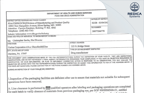 FDA 483 - Corixa Corporation [Marietta / United States of America] - Download PDF - Redica Systems