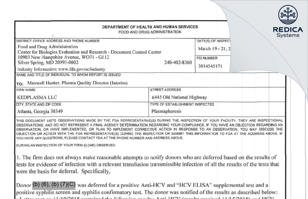 FDA 483 - KedPlasma LLC [Atlanta / United States of America] - Download PDF - Redica Systems