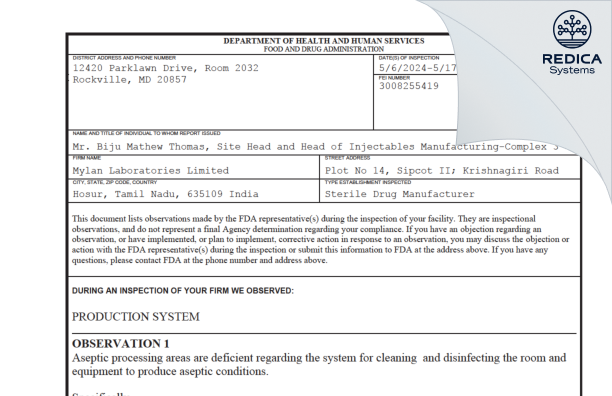 FDA 483 - Mylan Laboratories Limited [Hosur / India] - Download PDF - Redica Systems