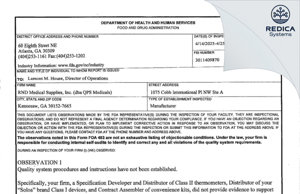 FDA 483 - RND MEDICAL SUPPLIES, INC. [Marietta / United States of America] - Download PDF - Redica Systems