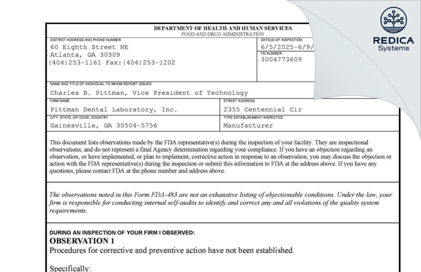 FDA 483 - PITTMAN DENTAL LABORATORY [Gainesville / United States of America] - Download PDF - Redica Systems