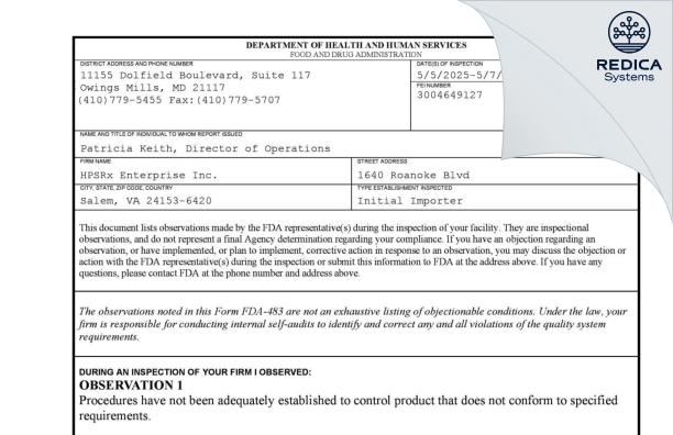 FDA 483 - HPSRX ENTERPRISES INC [Salem / United States of America] - Download PDF - Redica Systems