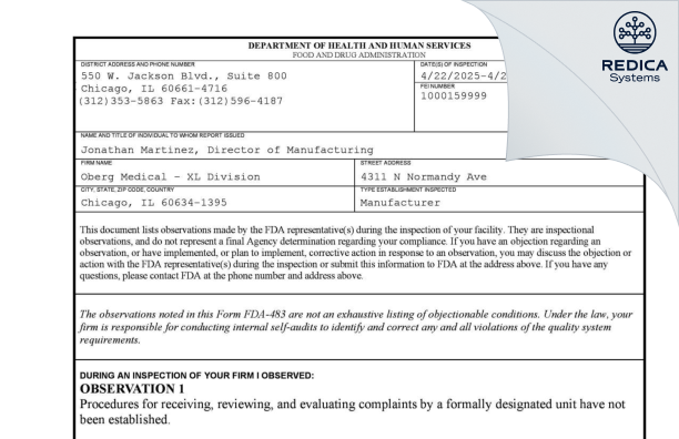 FDA 483 - Oberg Medical - XL Division [Chicago / United States of America] - Download PDF - Redica Systems