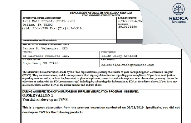 FDA 483 - El Salvador Products Inc. [Sugar Land / United States of America] - Download PDF - Redica Systems