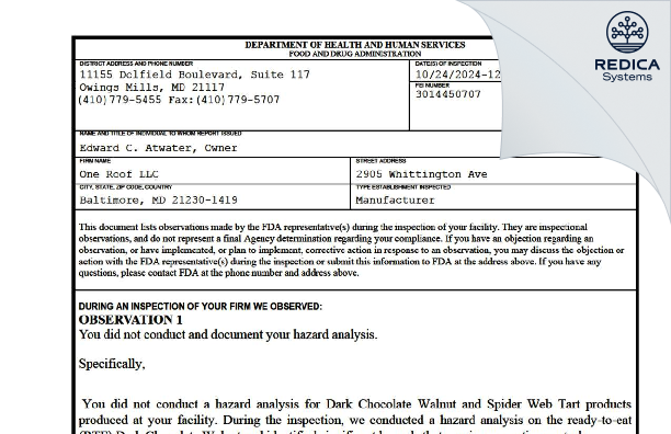 FDA 483 - One Roof LLC [Baltimore / United States of America] - Download PDF - Redica Systems