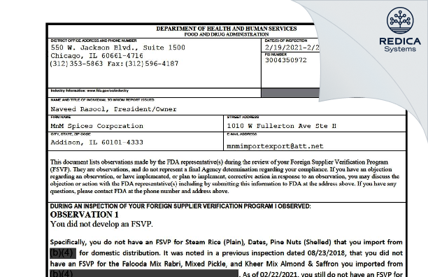 FDA 483 - MnM Spices Corporation [Addison / United States of America] - Download PDF - Redica Systems