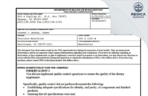 FDA 483 - Prolifix Nutrition, LLC [Hurricane / United States of America] - Download PDF - Redica Systems