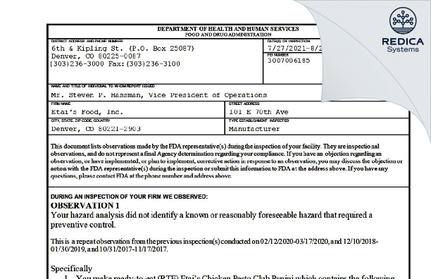FDA 483 - Etai's Food, LLC. [Denver / United States of America] - Download PDF - Redica Systems