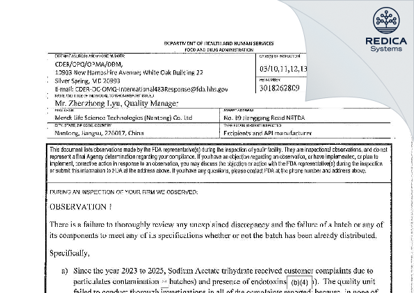 FDA 483 - Merck Life Science Technologies (Nantong) Co., Ltd. [Nantong / China] - Download PDF - Redica Systems
