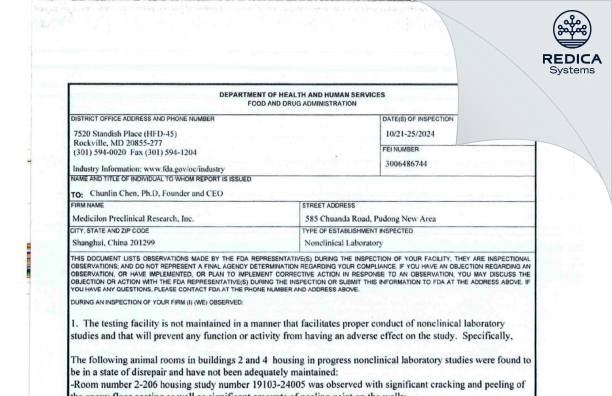 FDA 483 - Shanghai Medicilon Inc. [Pudong / China] - Download PDF - Redica Systems
