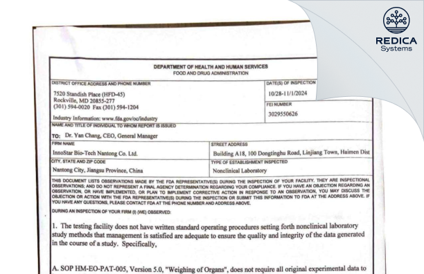 FDA 483 - InnoStar Bio-Tech Nantong Co. Ltd. [Linjiang / China] - Download PDF - Redica Systems