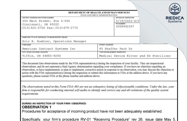 FDA 483 - American Contract Systems Inc [Tiffin / United States of America] - Download PDF - Redica Systems