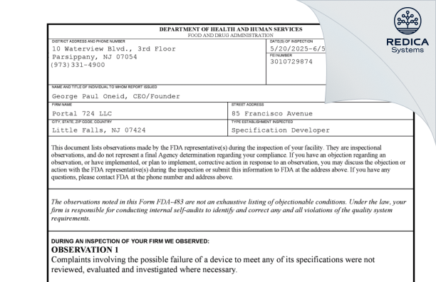 FDA 483 - Portal 724 LLC [Secaucus / United States of America] - Download PDF - Redica Systems