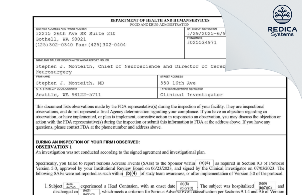 FDA 483 - Stephen J. Monteith, MD [Seattle / United States of America] - Download PDF - Redica Systems