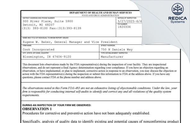 FDA 483 - Cook Incorporated [Bloomington / United States of America] - Download PDF - Redica Systems