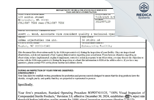 FDA 483 - Hikma Injectables USA Inc. [Dayton / United States of America] - Download PDF - Redica Systems