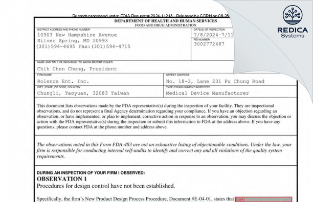 FDA 483 - Rolence Enterprise Inc. [Zhongli District / Taiwan] - Download PDF - Redica Systems
