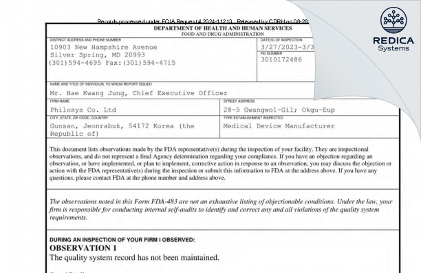 FDA 483 - Philosys Co. Ltd [Okgu-Eup / Korea (Republic of)] - Download PDF - Redica Systems