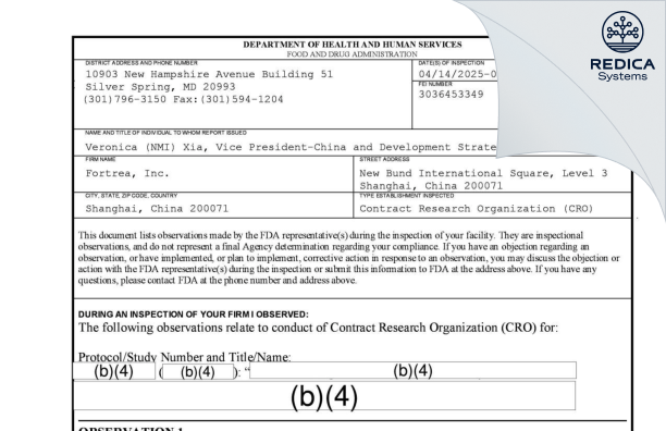 FDA 483 - Fortrea, Inc. [Shanghai / China] - Download PDF - Redica Systems